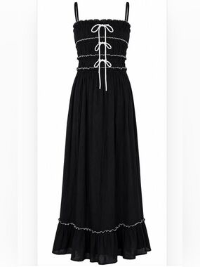 Thirty/Thirty LA Black Smocked Maxi Dress Contrast Stitch Bow Lace Up Ruffle Hem
